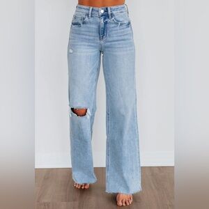 Flying Monkey Light Blue Wide Leg High-Rise Jeans with Knee Rip